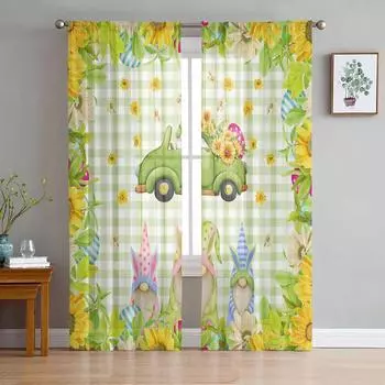 Пасхальное Яйцо Гном Подсолнух Грузовик Плед Тюлевые Шторы Для Гостиной Прозрачные Шторы Для Спальни Кухонные Жалюзи Вуаль Шторы 135W x 114H(cm)