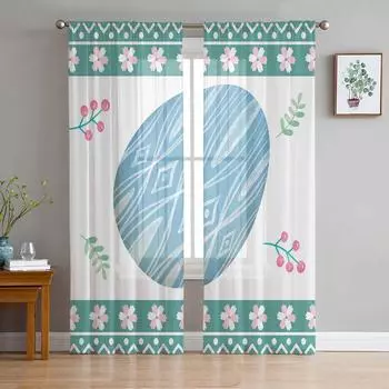 Пасхальные цветные пасхальные яйца, тюлевые шторы для гостиной, спальни, вуаль, прозрачная занавеска, оконный домашний декор, шторы 135W x 114H(cm)