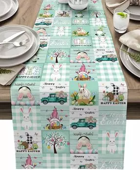 Пасхальные гномы Кроличьи хвосты Яйца Клетчатая льняная дорожка для стола Комод Шарф Весенние тюльпаны Цветы Грузовики Дорожки для стола Пасхальные украшения 150x33cm 59x13inch