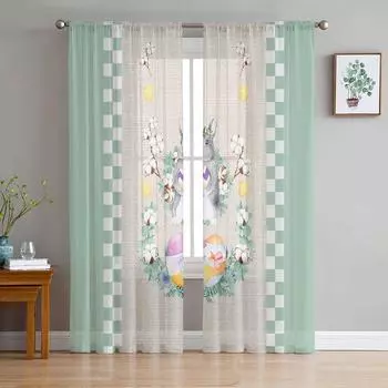Пасхальные клетчатые тюлевые шторы с кроликом и яйцами для гостиной, спальни, вуаль, прозрачные занавески, оконные занавески, домашний декор, шторы 135W x 114H(cm)