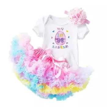 Пасхальные комплекты одежды для маленьких девочек 0-24 месяцев, боди с буквенным принтом, красочная пышная юбка, повязка для волос, комплект из 3 предметов 73