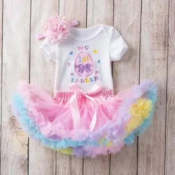 Пасхальные комплекты одежды для маленьких девочек 0-24 месяцев, боди с буквенным принтом, красочная пышная юбка, повязка для волос, комплект из 3 предметов 73