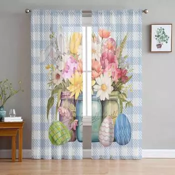 Пасхальные яйца, акварельные цветы, тюлевые шторы для гостиной, прозрачные шторы для спальни, кухни, жалюзи, вуаль, шторы 135W x 114H(cm)