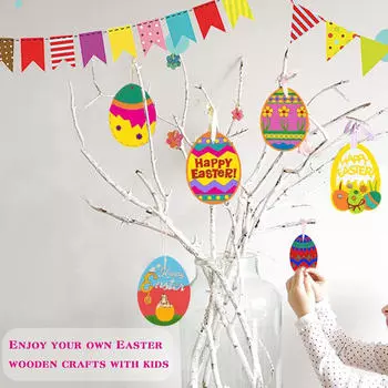 Пасхальные яйца Деревянные ломтики Подвесные украшения Творческие поделки своими руками для детей Взрослые Украшения 48pcs