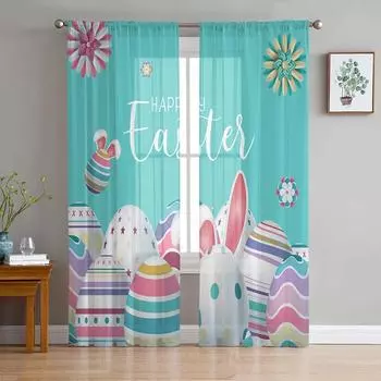 Пасхальные яйца, кроличьи уши, цветы, тюлевые шторы для гостиной, спальни, вуаль, прозрачная занавеска, оконный домашний декор, шторы 135W x 114H(cm)