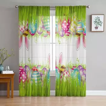 Пасхальные яйца, кроличьи уши, трава, прозрачный тюль, занавески для гостиной, спальни, кухни, вуаль, занавеска, украшение дома W135 x H114cm
