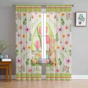 Пасхальные яйца, кролик, цветок тюльпана, ретро, тюлевые шторы для гостиной, прозрачные занавески для спальни, кухни, жалюзи, вуаль, шторы 135W x 114H(cm)