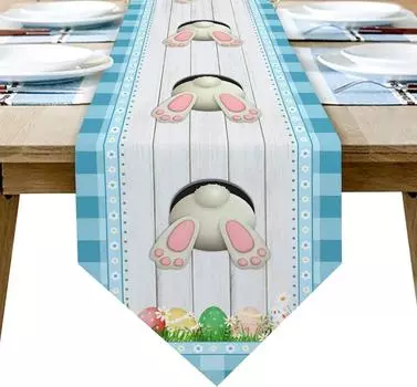 Пасхальные яйца кролика, древесное зерно, льняная дорожка для стола, комод, шарф, декор стола, весенние дорожки для стола в синей рамке, пасхальные украшения 150x33cm 59x13inch