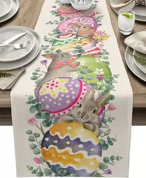 Пасхальные яйца кролика листья эвкалипта льняная дорожка для стола декор для вечеринки весенние тюльпаны цветы дорожки для стола декор для кухни обеденный стол 150x33cm 59x13inch бежевый