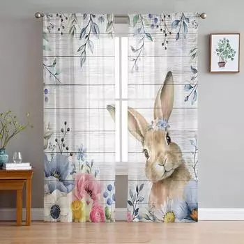 Пасхальные яйца, кролики, цветы, растения, листья, прозрачные шторы для гостиной, кухни, оконные шторы, тюлевые занавески для спальни, вуали 135W x 114H(cm)