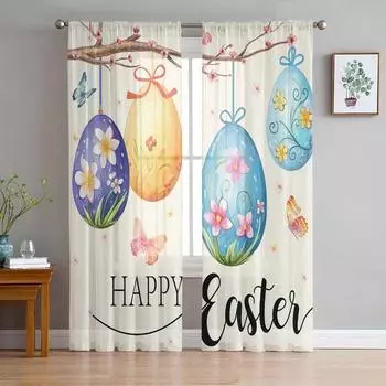 Пасхальные яйца на ветке дерева, прозрачные шторы для гостиной, кухни, оконные шторы, тюлевые занавески для спальни, вуали 135W x 114H(cm)