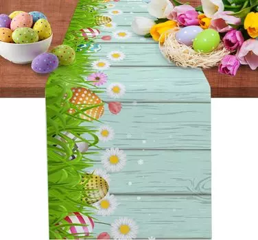 Пасхальные яйца, ромашки, забавные ушки кролика, льняные дорожки в синюю полоску, для обеденного стола на открытом воздухе, для вечеринки, для дома, для кемпинга, декор стола 150x33cm 59x13inch