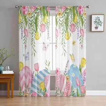 Пасхальные яйца, тюльпаны, цветы, бабочки, прозрачные шторы для гостиной, кухни, оконные шторы, тюлевые занавески для спальни, вуали 135W x 114H(cm)