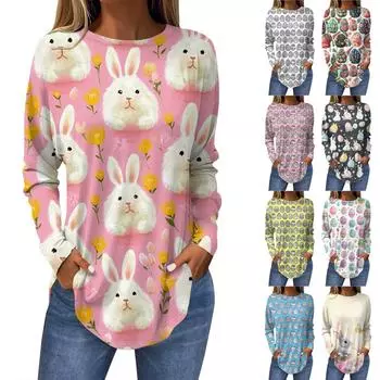 Пасхальные рубашки для женщин Милая футболка с принтом в виде сердца с длинным рукавом Туника Топы из хлопка Пуловеры XL