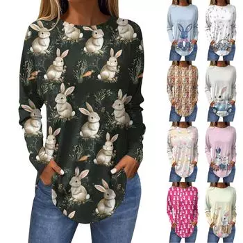 Пасхальные рубашки для женщин Милая футболка с принтом в виде сердца с длинным рукавом Туника Топы из хлопка Пуловеры M коричневый