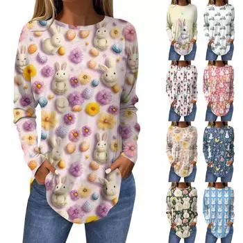Пасхальные рубашки для женщин Милая футболка с принтом в виде сердца с длинным рукавом Туника Топы из хлопка Пуловеры XL хаки