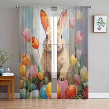 Пасхальные тюльпаны, яйца, кролик, тюлевые шторы для гостиной, прозрачные шторы для спальни, кухни, жалюзи, вуаль, шторы 135W x 114H(cm)
