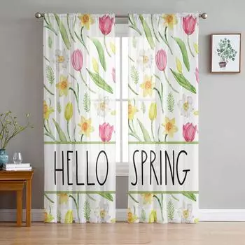Пасхальные весенние акварельные цветы тюльпаны шифоновые прозрачные шторы для гостиной украшения дома оконная вуаль тюлевые шторы 135W x 114H(cm)