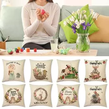 Пасхальный чехол для подушки, моющийся, льняная невидимая молния, счастливое пасхальное яйцо, кролик, наволочка, украшение для дома D