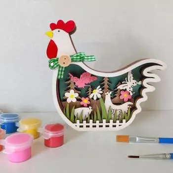 Пасхальный цыпленок Деревянный орнамент Дерево Цветок и бабочка Резьба по дереву Ремесло Искусство Курица Световой орнамент Украшение дома для Пасхальной тематической вечеринки With Light коричневый