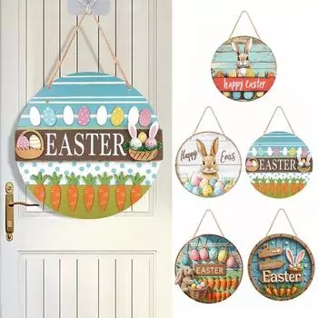 Пасхальный деревянный приветственный дверной знак в виде заячьего ушка, красочное яйцо, дверной подвесной знак, украшение на входную дверь, декоративная настенная табличка 30cm A
