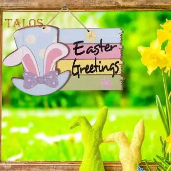 Пасхальный деревянный приветственный дверной знак в виде заячьего ушка, цилиндр с цветком, дверной подвесной знак, украшение на входную дверь, декоративная настенная табличка wood