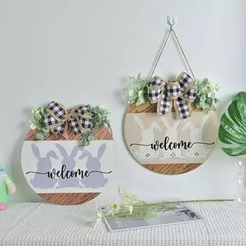 Пасхальный дверной приветственный знак, деревенский деревянный дверной знак в виде кролика, висящий круглый приветственный знак для домашнего пасхального декора входной двери 30*30cm светло-желтого