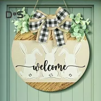 Пасхальный дверной приветственный знак, деревенский деревянный дверной знак в виде кролика, висящий круглый приветственный знак для домашнего пасхального декора входной двери 30*30cm светло-желтого