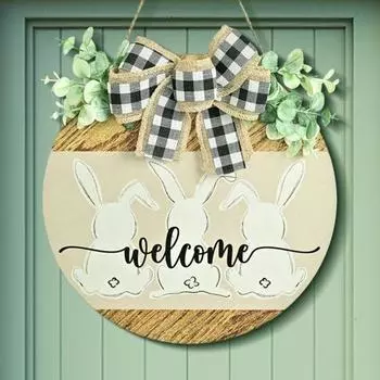Пасхальный дверной приветственный знак, деревенский деревянный дверной знак в виде кролика, висящий круглый приветственный знак для домашнего пасхального декора входной двери 30*30cm белый