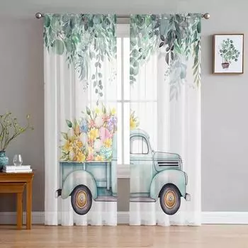 Пасхальный грузовик, яйца, акварельные листья, тюлевые шторы для гостиной, прозрачные занавески для спальни, кухни, жалюзи, вуаль, шторы 135W x 114H(cm)