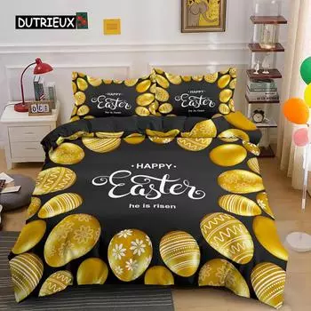 Пасхальный комплект постельного белья Queen Size Golden Egg Twin Комплект постельного белья для детей Мальчики Девочки Пасхальная тема Полиэстер Удобный пододеяльник EU single(135x200cm)