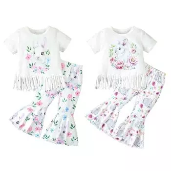 Пасхальный костюм с кроликом и цветочным принтом для маленьких девочек, футболка с круглым вырезом, бахромой по краю и брюки-клеш, комплект одежды 2-3Y
