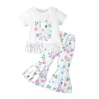 Пасхальный костюм с кроликом и цветочным принтом для маленьких девочек, футболка с круглым вырезом, бахромой по краю и брюки-клеш, комплект одежды 6-12M