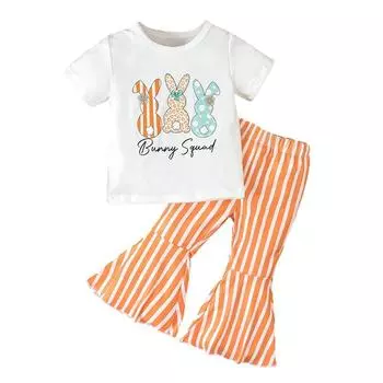 Пасхальный костюм с принтом кролика для маленьких девочек, футболка с круглым вырезом и брюки-клеш в вертикальную полоску, комплект одежды 18-24M