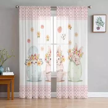 Пасхальный кролик, акварельные цветы, клетчатые тюлевые шторы для гостиной, прозрачные занавески для спальни, кухни, жалюзи, вуаль, шторы 135W x 114H(cm)