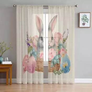 Пасхальный кролик, акварельные цветы, прозрачные шторы для гостиной, кухни, оконные шторы, тюлевые занавески для спальни, вуали 135W x 114H(cm)