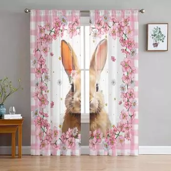 Пасхальный кролик цветы акварель плед тюлевые шторы для гостиной прозрачные занавески для спальни кухонные жалюзи вуали шторы 135W x 114H(cm)