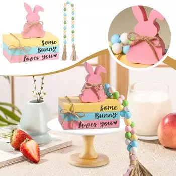 Пасхальный кролик деревянный поднос с бусинами в виде стопки книг One Size