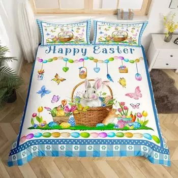 Пасхальный кролик хвост одеяло покрывало пастельно-розовый тюльпан цветы пододеяльник два пасхальных яйца кавайные животные комплект постельного белья пасхальный декор EU single(135x200cm)