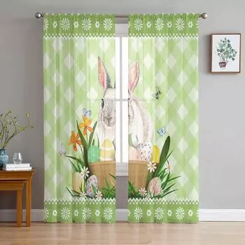 Пасхальный кролик и яйцо в клетку тюлевые шторы для гостиной спальни вуаль прозрачная занавеска на окно домашний декор шторы 135W x 114H(cm)