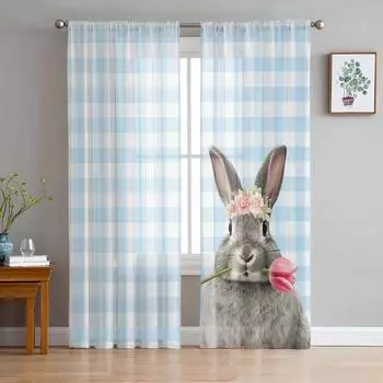 Пасхальный кролик, плед, тюльпаны, прозрачные шторы для гостиной, кухни, оконные шторы, тюлевые занавески для спальни, вуаль 135W x 114H(cm)
