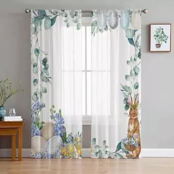 Пасхальный кролик, яйца, цветы эвкалипта, прозрачные шторы для гостиной, спальни, детской комнаты, тюлевые занавески для окон 135W x 114H(cm)