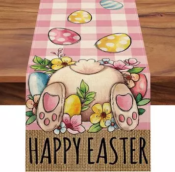 Пасхальный кролик, яйца, кролик, розовый, белый, буйвол, клетчатый лен, декор стола, весенние цветы, кухонный обеденный стол, праздничный декор для дома 150x33cm 59x13inch