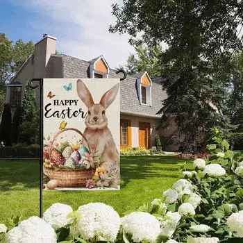 Пасхальный кролик, садовый флаг, серый кролик, весенний цветочный фермерский дом, праздник, наружные украшения, флаг из мешковины для двора