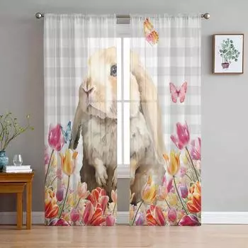 Пасхальный кролик, тюльпан, клетчатые тюлевые шторы для гостиной, прозрачные занавески для спальни, кухни, жалюзи, вуаль, шторы 135W x 114H(cm)