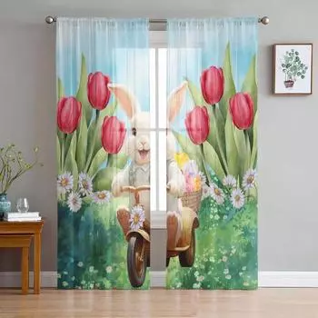 Пасхальный кролик, тюльпаны, ромашки, тюлевые шторы для гостиной, прозрачные занавески для спальни, кухни, жалюзи, вуаль, шторы 135W x 114H(cm)