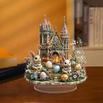 Пасхальный кролик, украшение 2D, плоский акриловый орнамент, многоуровневый поднос, украшение, фигурка кролика в замке, для фермерского дома, каминной полки, книжной полки, пасхальный декор