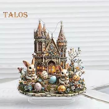 Пасхальный кролик, украшение 2D, плоский акриловый орнамент, многоуровневый поднос, украшение, фигурка кролика в замке, для фермерского дома, каминной полки, книжной полки, пасхальный декор разноцветный