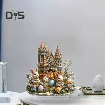 Пасхальный кролик, украшение 2D, плоский акриловый орнамент, многоуровневый поднос, украшение, фигурка кролика в замке, для фермерского дома, каминной полки, книжной полки, пасхальный декор разноцветный