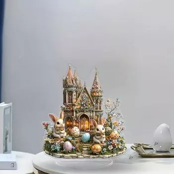 Пасхальный кролик, украшение 2D, плоский акриловый орнамент, многоуровневый поднос, украшение, фигурка кролика в замке, для фермерского дома, каминной полки, книжной полки, пасхальный декор разноцветный